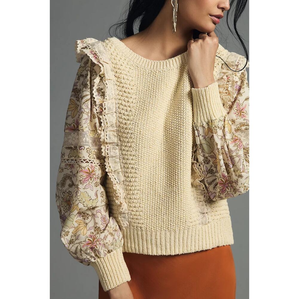 Anthropologie Cream Floral Ruffled Sleeve Crewneck Sweater